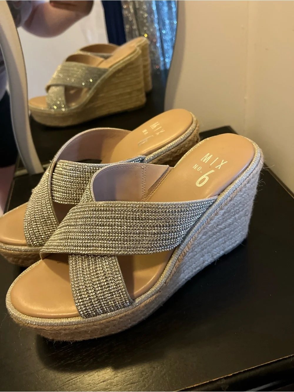 Mix No. 6 Silver Beaded Espadrille Wedge Sandals